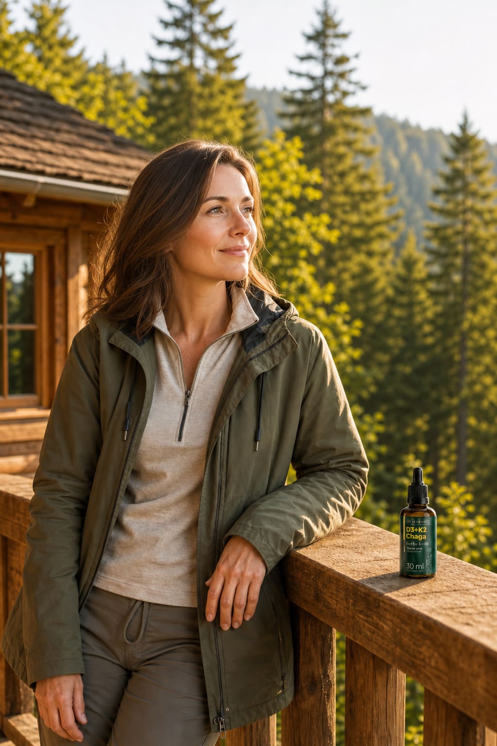 Kobieta podczas porannego rytuału z D3+K2 Chaga Biotic Forte