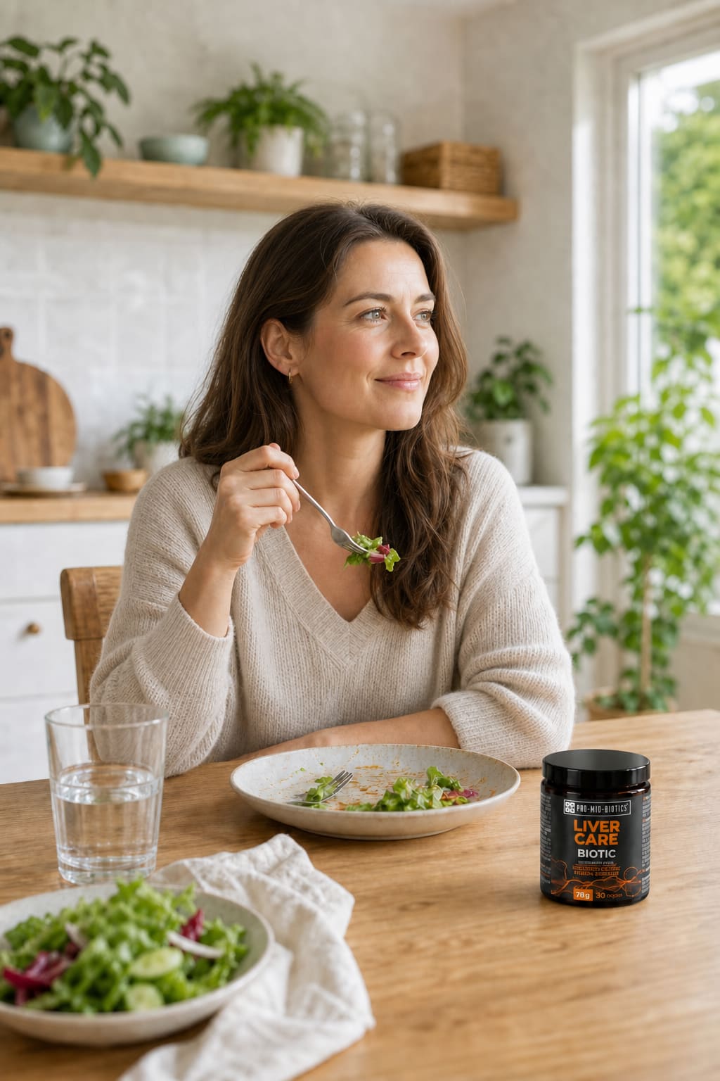Kobieta z Liver Care Biotic podczas domowego poranka
